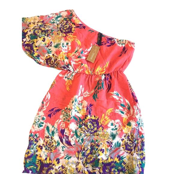 Francescas One Shoulder Floral Print Coral Dress Size Medium - Picture 2 of 7